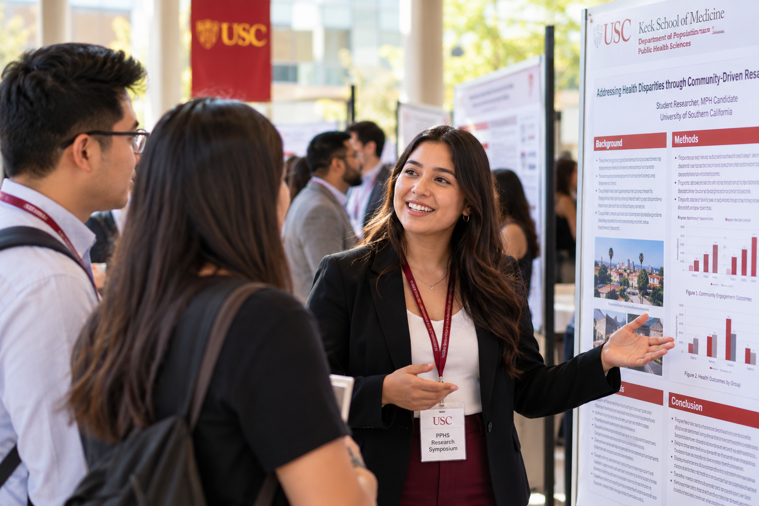 Students presenting research posters at a public health symposium